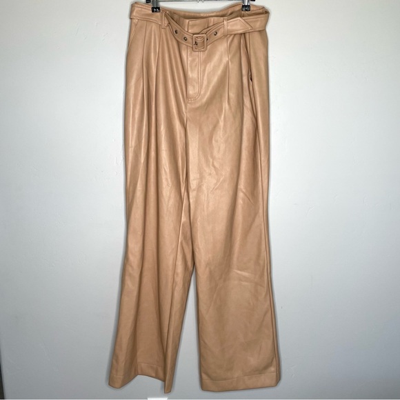 7 For All Mankind Faux Vegan Leather Pants Belted Pleated Tan Beige Wide‎ Leg L - Picture 2 of 11